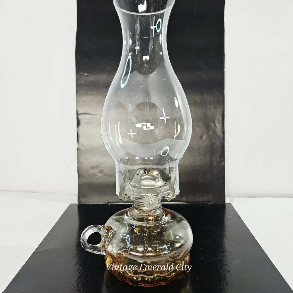 Vtg Miniature Amber Adjustable Wick Glass Oil Lamp China Hong Kong With Chimney